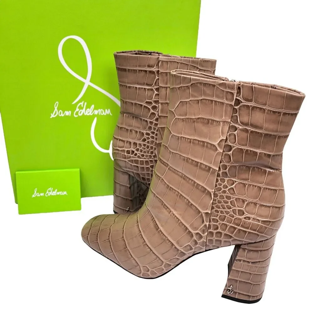 NEW Sam Edelman Codie Croc Square Toe Block Heel Ankle Boots Booties Womens 10